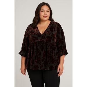 Dressbarn XL Burgundy Velvet Floral Blouse 3/4 Ruffle Sleeve V-Neck Top